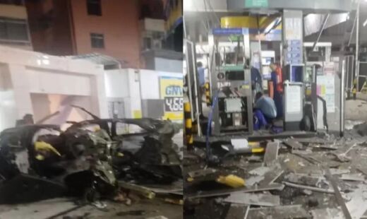Câmeras de segurança do local registraram o momento em que o cilindro de gás de um carro explode durante o processo de abastecimento