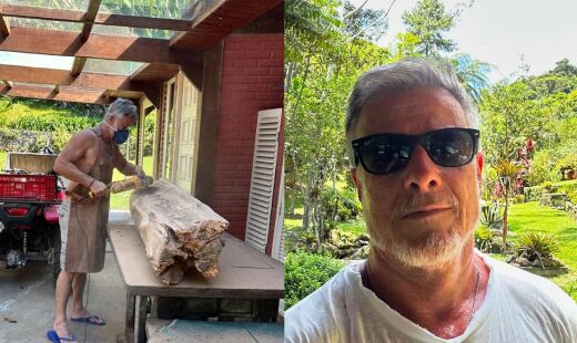 Marcello costuma criar móveis e objetos decorativos usando troncos de madeira que encontra pelo sítio