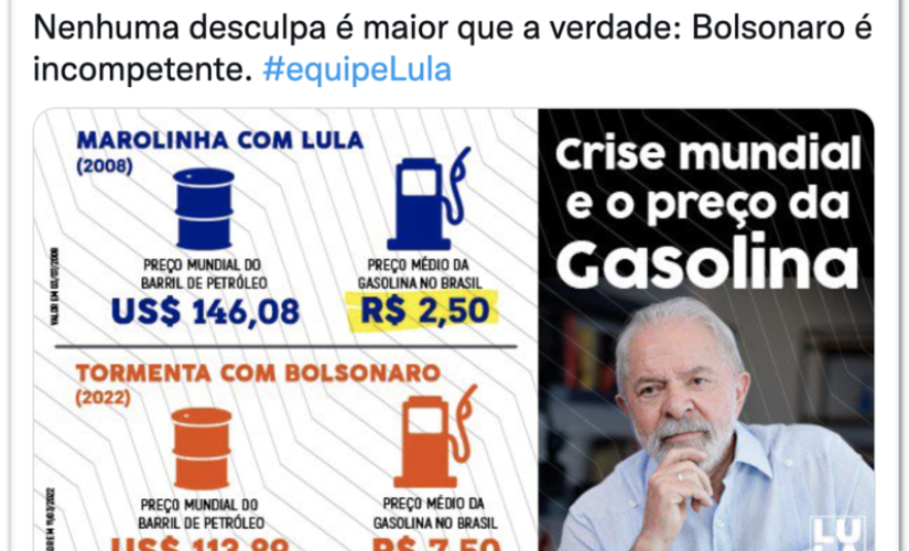 Lula faz críticas ao governo Bolsonaro após novo aumento do combustível