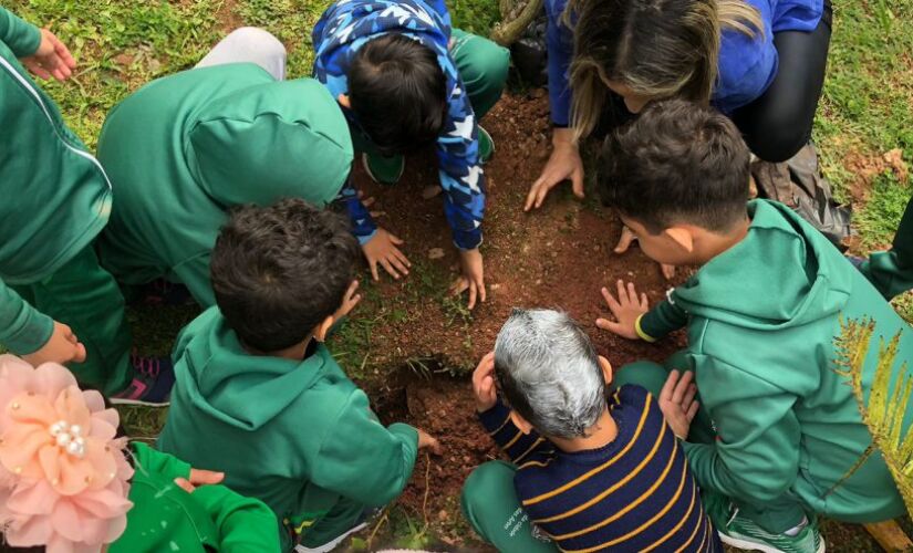 Estudantes em ação de plantio no Dia da Árvore em Embu das Artes.