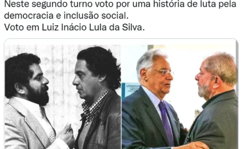 FHC declara apoio a Lula no segundo turno em publicação no Twitter 