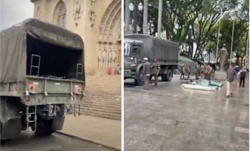 No vídeo, narrado por um apoiador do presidente, militares aparecem com caminhões estacionados na Praça