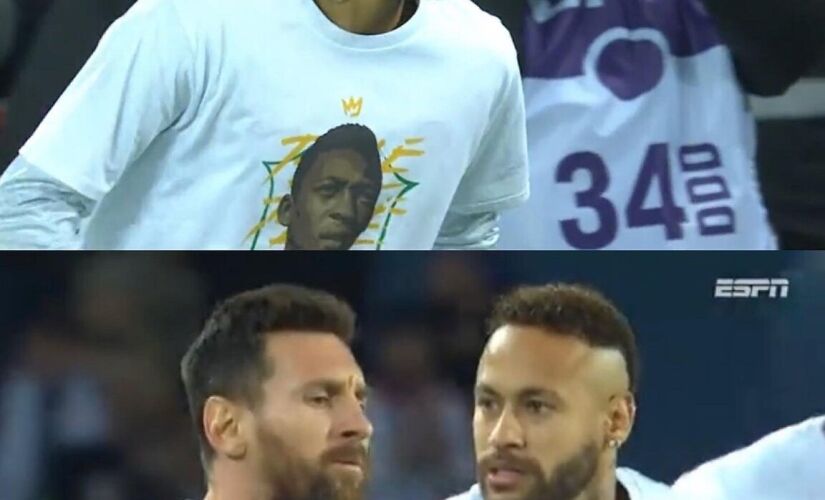 Neymar e Messi em homenagem do PSG ao Rei Pelé