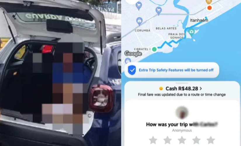 Montagem mostra carro da Guarda Municipal levando suspeito para delegacia e print da corrida no aplicativo