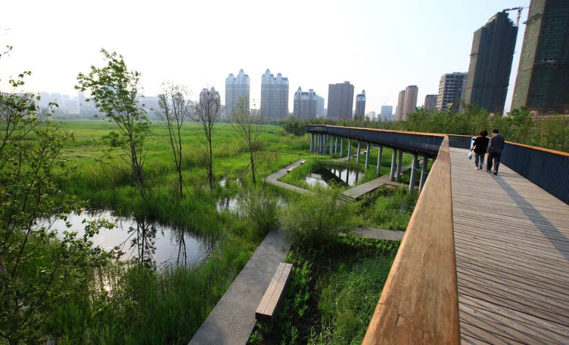 Parque alagável de Qunli, na China, criado para reter, filtrar e devolver ao solo a água da chuva