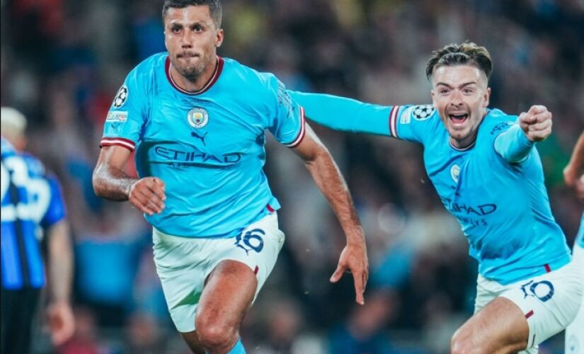 Rodri comemora o gol que deu o título ao Manchester City