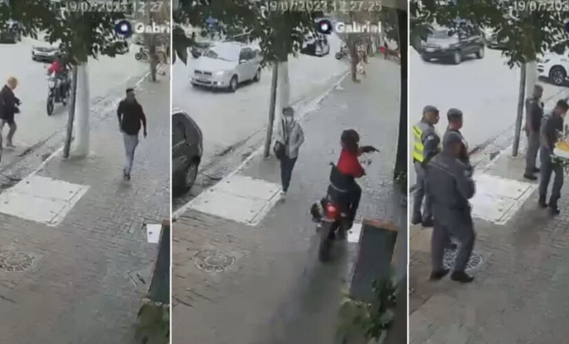 Câmeras de segurança mostraram ação do bandido e depois socorro à vítima