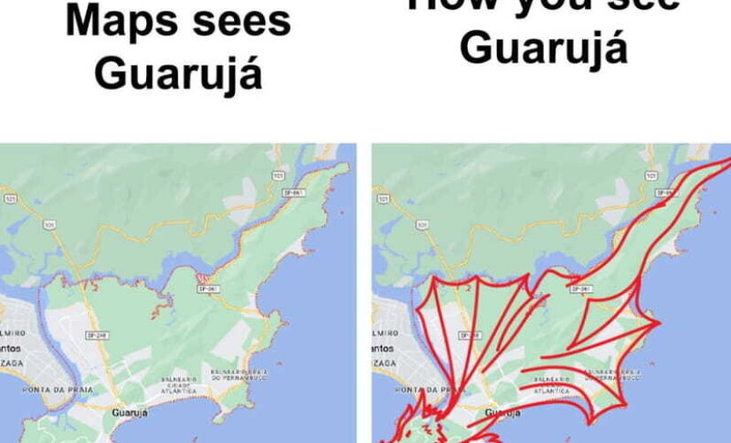 A cidade de Guarujá viralizou nas redes sociais após a conta oficial do Google Maps postar uma comparação do formato da Pérola do Atlêntico com um dragão