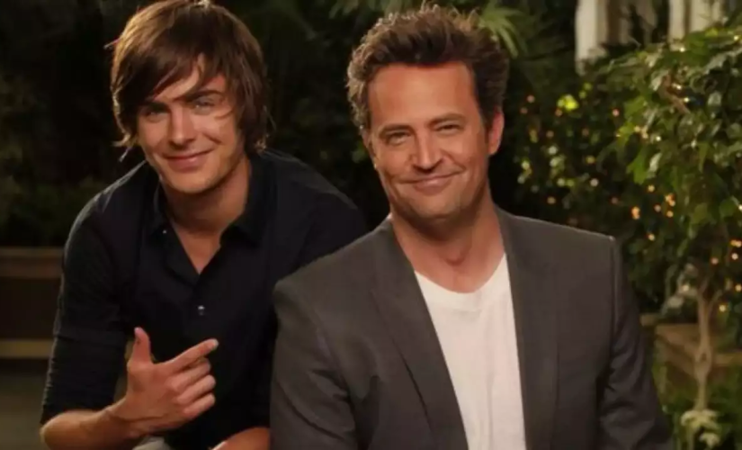 Zac Efron e Matthew Perry em divulgação do filme '17 Outra Vez'