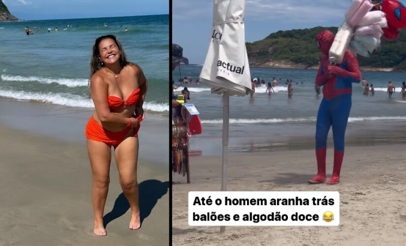 Irmã de Cristiano Ronaldo curtiu praia em Guarujá e topou até com o Homem-Aranha