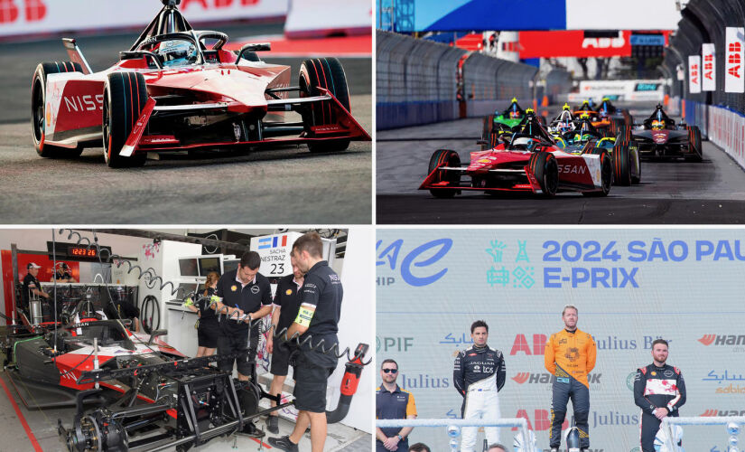 Montagem com carro da Equipe Nissan de Fórmula-E no e-Prix de São Paulo, box da Nissan no e-Prix de São Paulo e pódio do e-Prix de São Paulo