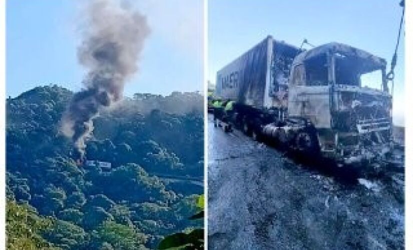 Carreta pega fogo e congestiona via no litoral de SP