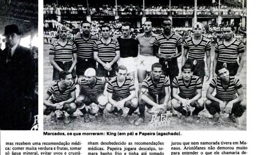 Recorte da revista placar com a equipe da época; com "x", os jogadores que morreram na epopeia