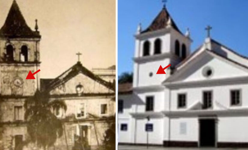 Imagem de 1896, do antigo Pateo do Collegio, revelam a presença de um relógio de granito de um metro e meio de diâmetro na torre do edifício