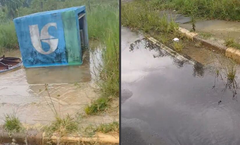 Desperdício de água em frente à estação da Sabesp em Guarujá. na Baixada Santista