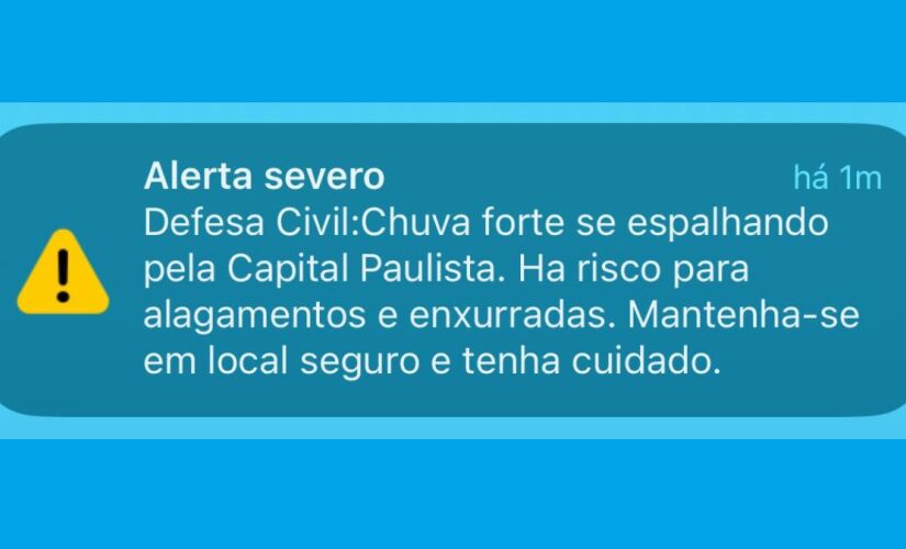 Defesa Civil emite alerta severo para chuvas em São Paulo