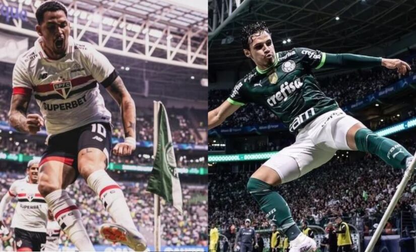 Luciano, do São Paulo, e Raphael Veiga, do Palmeiras, chutando bandeirinha do Allianz Parque