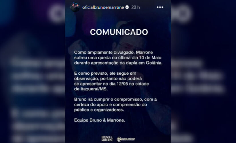 Equipe do cantor informou que Bruno vai se apresentar sozinho nesta segunda-feira (12/5)