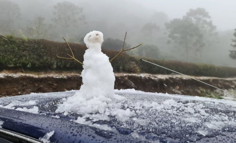 Boneco de neve feito em São Joaquim, no interior de Santa Catarina