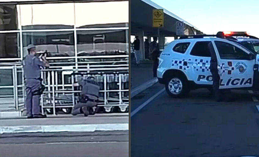 Objeto suspeito está em um carrinho de bagagem, no lado externo do aeroporto