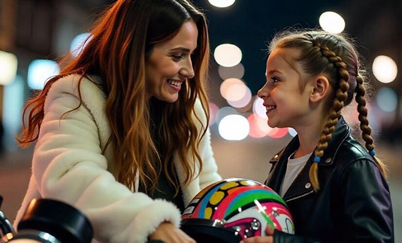 Mulher e criança com capacete