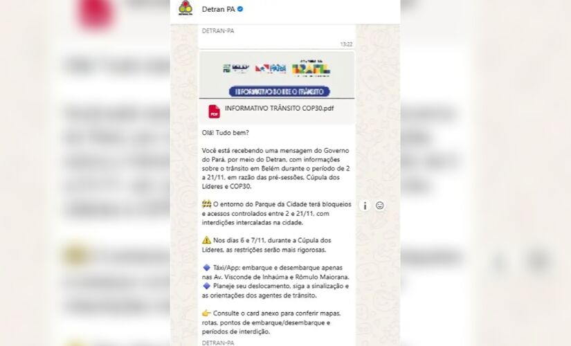 Mensagem Governo do Pará e Detran sobre o trânsito COP30