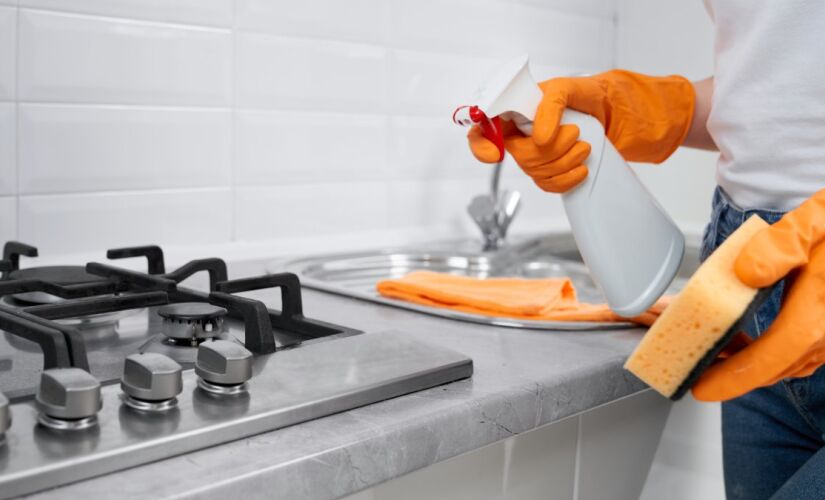 Para limpar o fogão de forma eficiente, o ideal é usar misturas que já começam a dissolver a sujeira antes do esfregão.