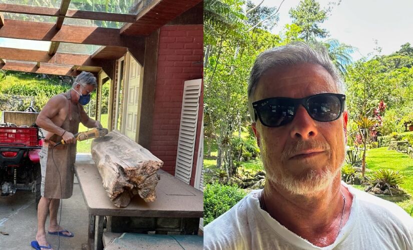 Marcello costuma criar móveis e objetos decorativos usando troncos de madeira que encontra pelo sítio