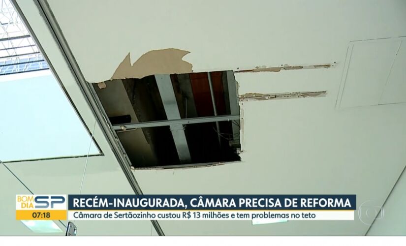 O teto do plenário principal afundou 20 centímetros e a estrutura apresenta rachaduras; obra custou R$ 13 milhões aos cobres públicos