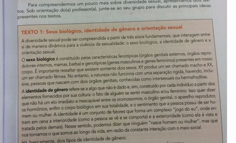 A apostila explica os conceitos de sexo biológico, identidade de gênero e orientação sexual; material foi recolhido no último dia 3