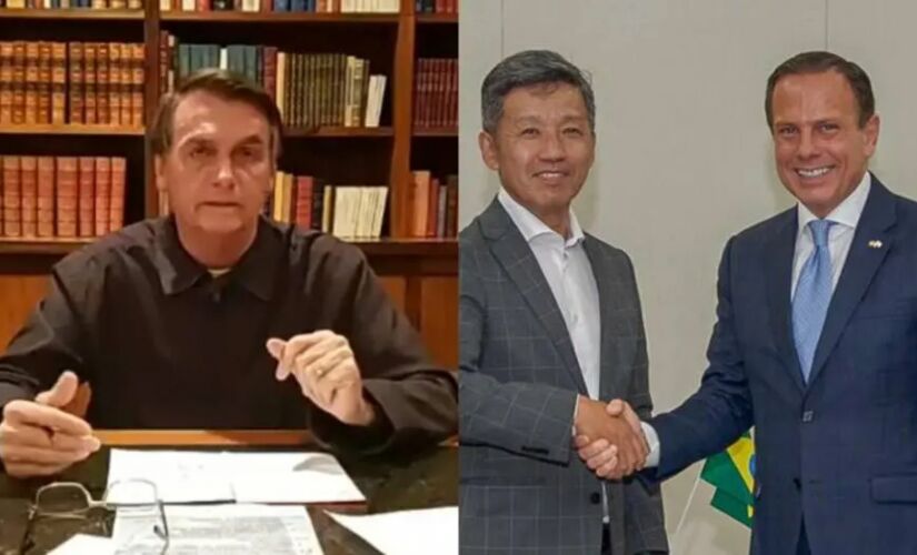 Em live, Bolsonaro reclamou da atitude de Doria; governador ao lado do presidente da Toyota (dir.)