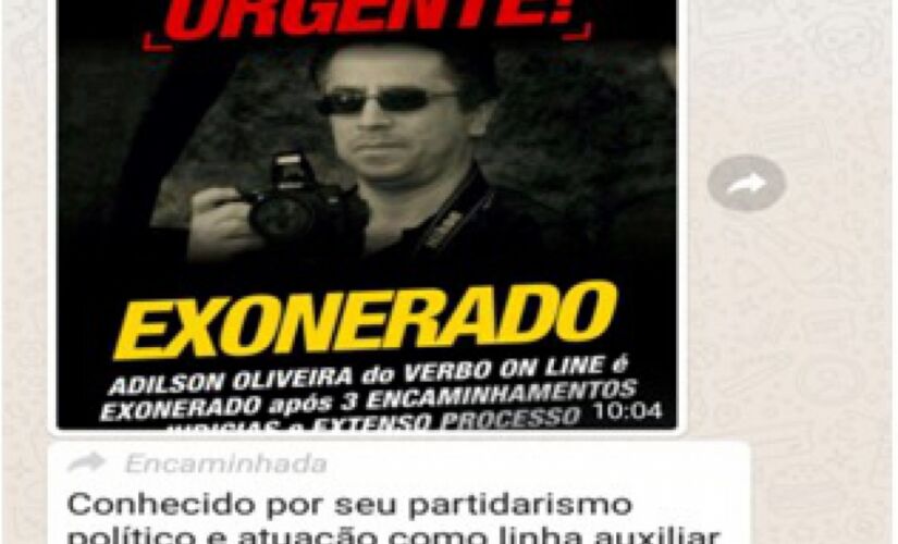 Secretário de Serviços Urbanos de Embu das Artes, Celso Vasconcelos dos Santos divulgando a exoneração pelo WhatsApp