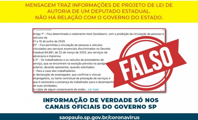 Arte do Governo de São Paulo desmentindo a informação sobre o decreto de lockdown