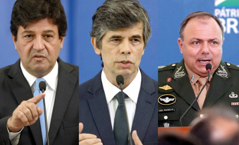 Da esquerda para a direita, os ex-ministros Luiz Henrique Mandetta, Nelson Teich e  Eduardo Pazuello