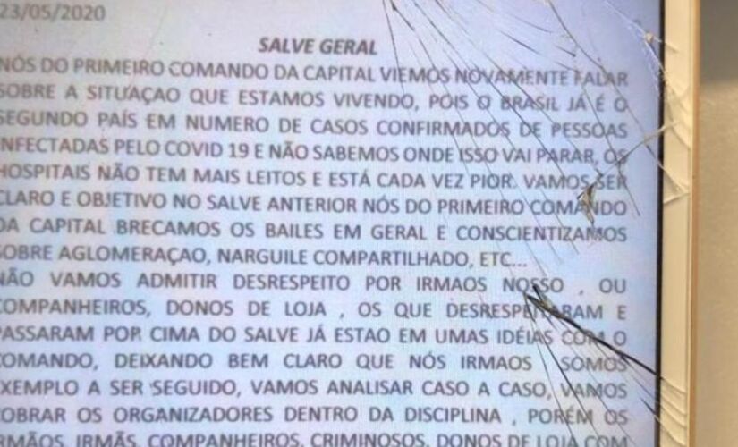 O 'salve' com a ameaça contido no celular de integrante da facção, em Praia Grande.