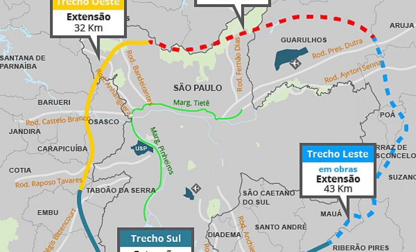 Trecho Norte do rodoanel está paralisado desde 2018