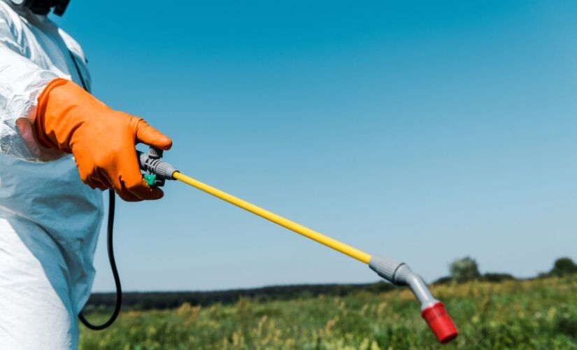 homem aplicando agrotóxicos