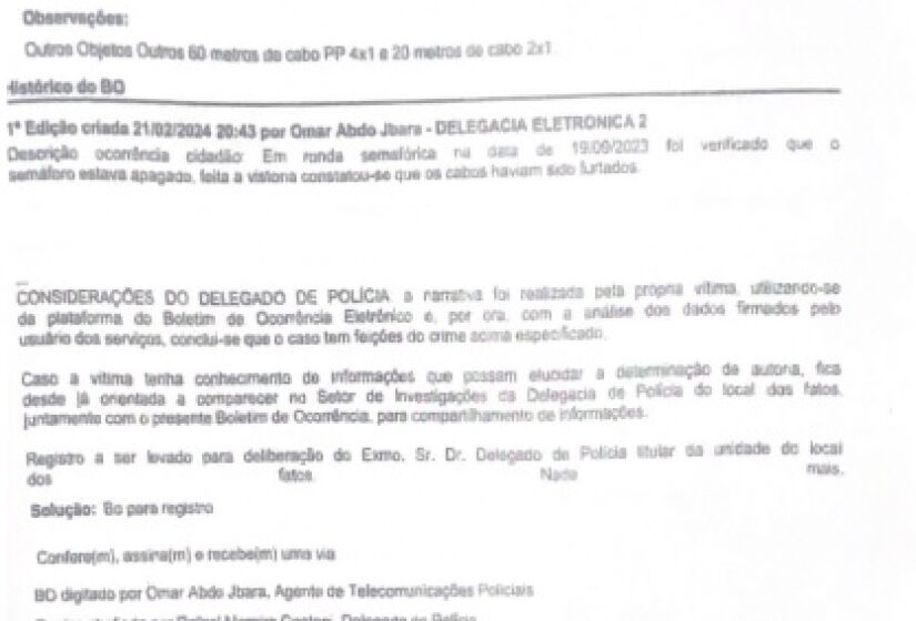 Um dos boletins de ocorrência em relação aos roubos de fios e cabos em Taboão da Serra, na Grande São Paulo 