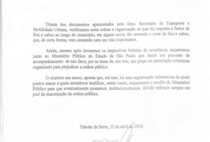 Prefeitura de Taboão da Serra solicitou apuração do MP no caso dos furtos 