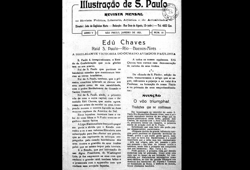 Matéria sobre o "raid" feito por Edu Chaves de São Paulo-Rio_Buenos Aires. Reprodução/Revista Illustração São Paulo de 1921