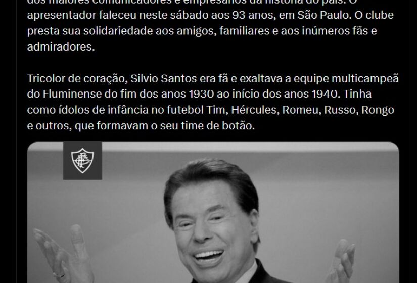 Trecho da nota de pesar do Fluminense, em homenagem a Silvio Santos - (Reprodução/X)