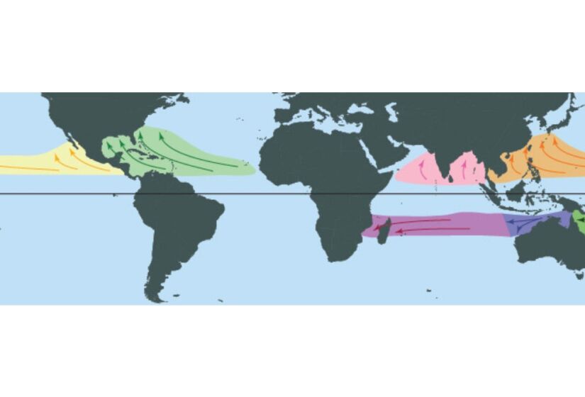 Bacias globais de formação de ciclones tropicais. / Foto: Reprodução/NOAA