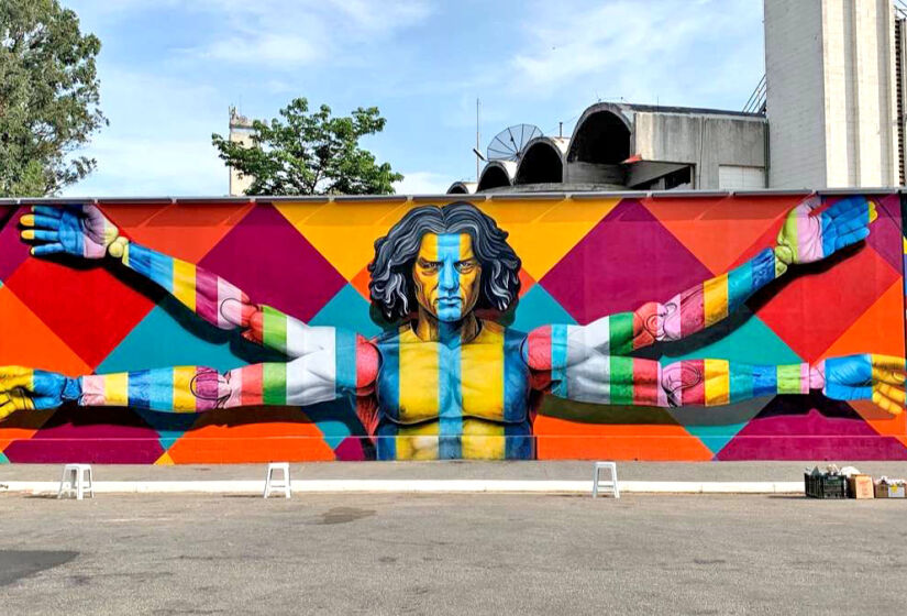 Mural de Kobra inspirado no Homem Vitruviano de Leonardo da Vinci no muro do MIS Experience. Foto: Divulgação/Kobra