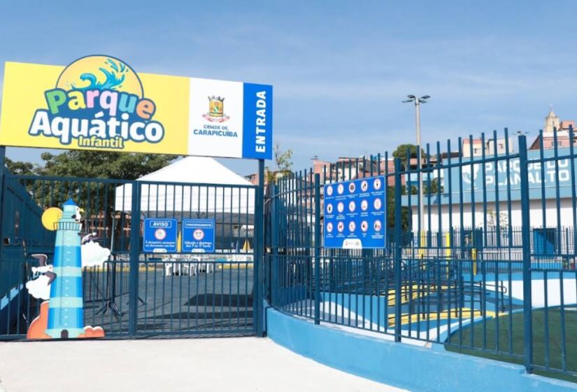 Inaugurado em dezembro do ano passado, o Parque Aquático Infantil fica no Parque do Planalto, em Carapicuíba. Foto: Divulgação.