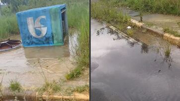 Desperdício de água em frente à estação da Sabesp em Guarujá. na Baixada Santista