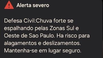 Defesa Civil emitiu alerta de chuva forte para as zonas sul e oeste de São Paulo