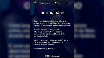 Equipe do cantor informou que Bruno vai se apresentar sozinho nesta segunda-feira (12/5)
