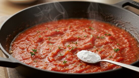 O bicarbonato de sódio neutraliza a acidez natural do tomate