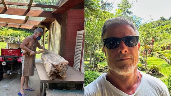 Marcello costuma criar móveis e objetos decorativos usando troncos de madeira que encontra pelo sítio