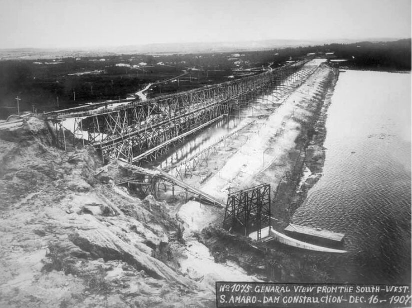 Represa Guarapiranga na época de sua construção, em meados dos anos 1920  - Foto: Reprodução